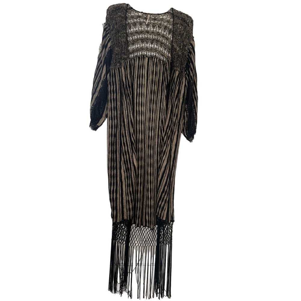 Free People Beautiful Black and Sand colored Fringe Cardigan duster - Picture 7 of 13